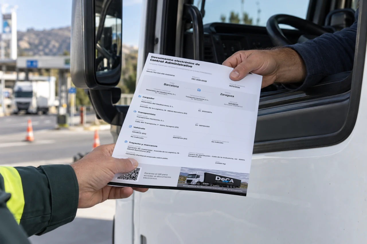 A Spanish authority's hand receives a document through a truck window.