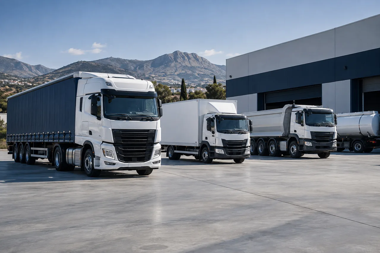 Different types of freight trucks at a logistics centre.
