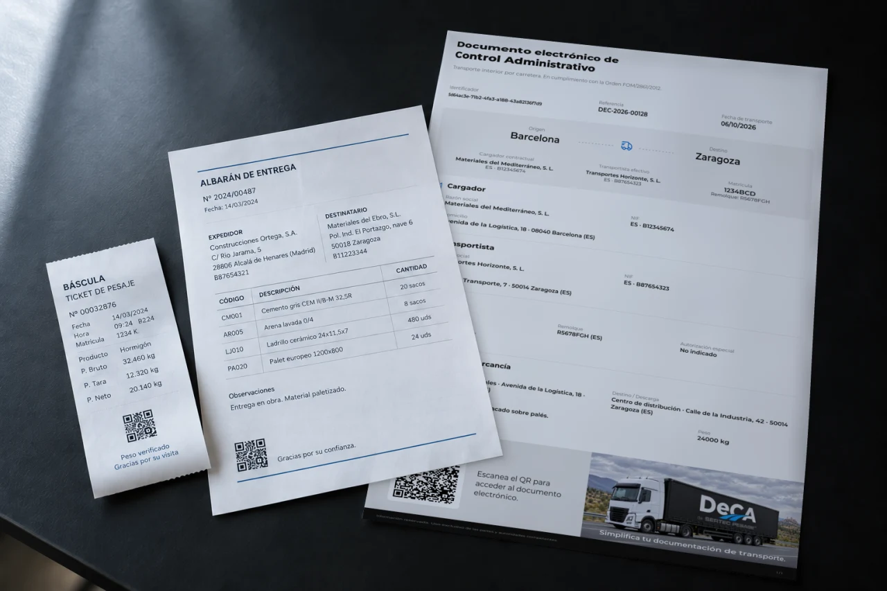Sample tickets, receipts and delivery notes with QR codes on a table.